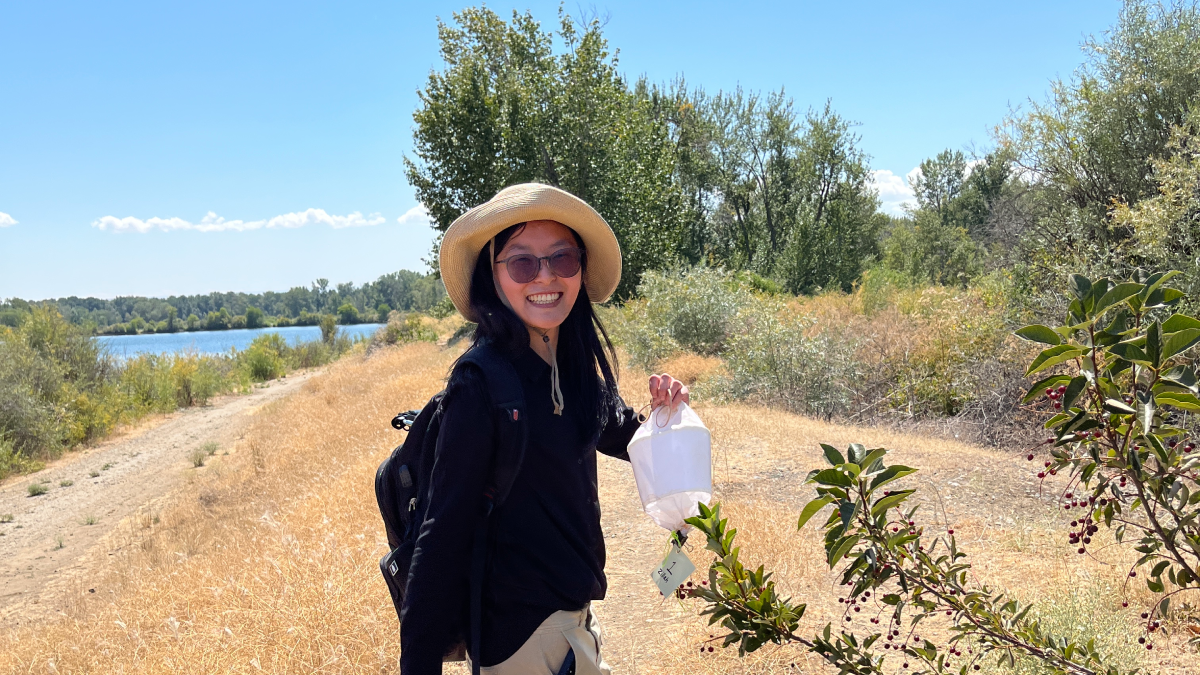 Sophia Li smiles wearing sunglasses and a hat and holding a mosquito trap outside with a dirt trail, trees and bushes, and a lake in the background.