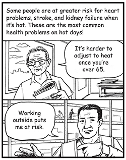 Panel from the comic book focused on health risks of extreme heat. The panel reads "Some people are at greater risk for heart problems, stroke, and kidney failure when it's hot. These are the most common health problems on hot days!". The next panel is a drawing of an elderly man saying "It's harder to adjust to heat once you're over 65." The last panel has a male construction worker saying, "Working outside puts me at risk."